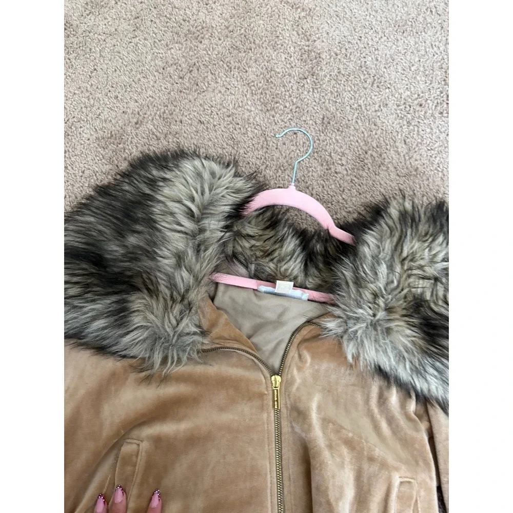 Michael Kors Velour Tracksuit Set Tan Camel Faux Fur Collar Hoodie Joggers XL